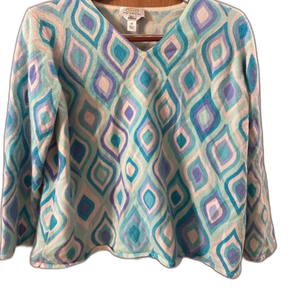Talbots 100% Cashmere Sweater 2X Petite Blue Geometric V-Neck
